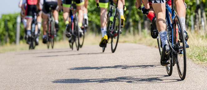 Des cyclistes vêtus de tenues colorées roulent sur une route de campagne baignée de soleil et bordée de verdure, évoquant le mouvement et la camaraderie dans un décor estival
